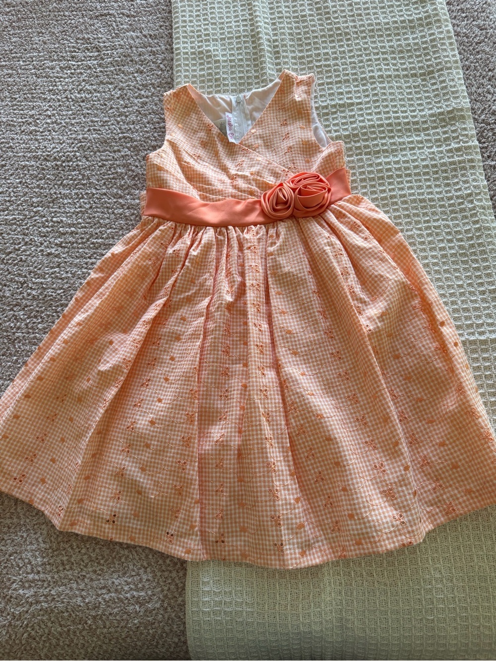 Girls Peach Floral Gingham Dress with Rosette Waistband